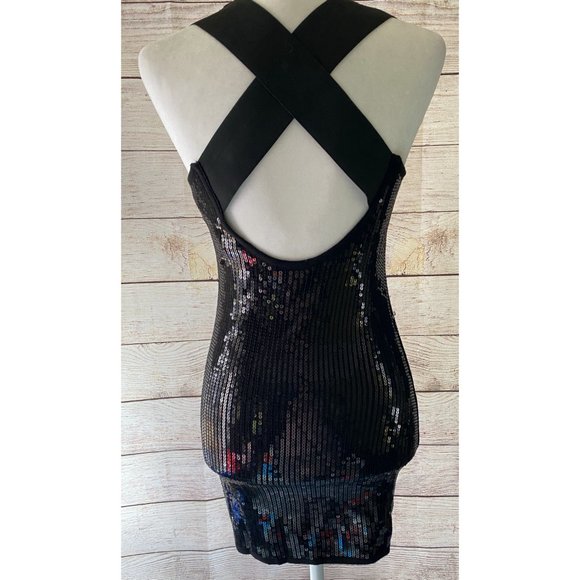 Bebe black sequin mini dress cross straps XS - Picture 3 of 7